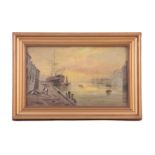 19TH CENTURY OIL ON CANVAS Early morning port scene 29.5cm high, 49.5cm wide - indistinct signature,