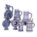 A COLLECTION OF GERMAN BLUE GLAZED GERMAN STONEWARE comprising A LARGE FLATTENED CIRCULAR EWER