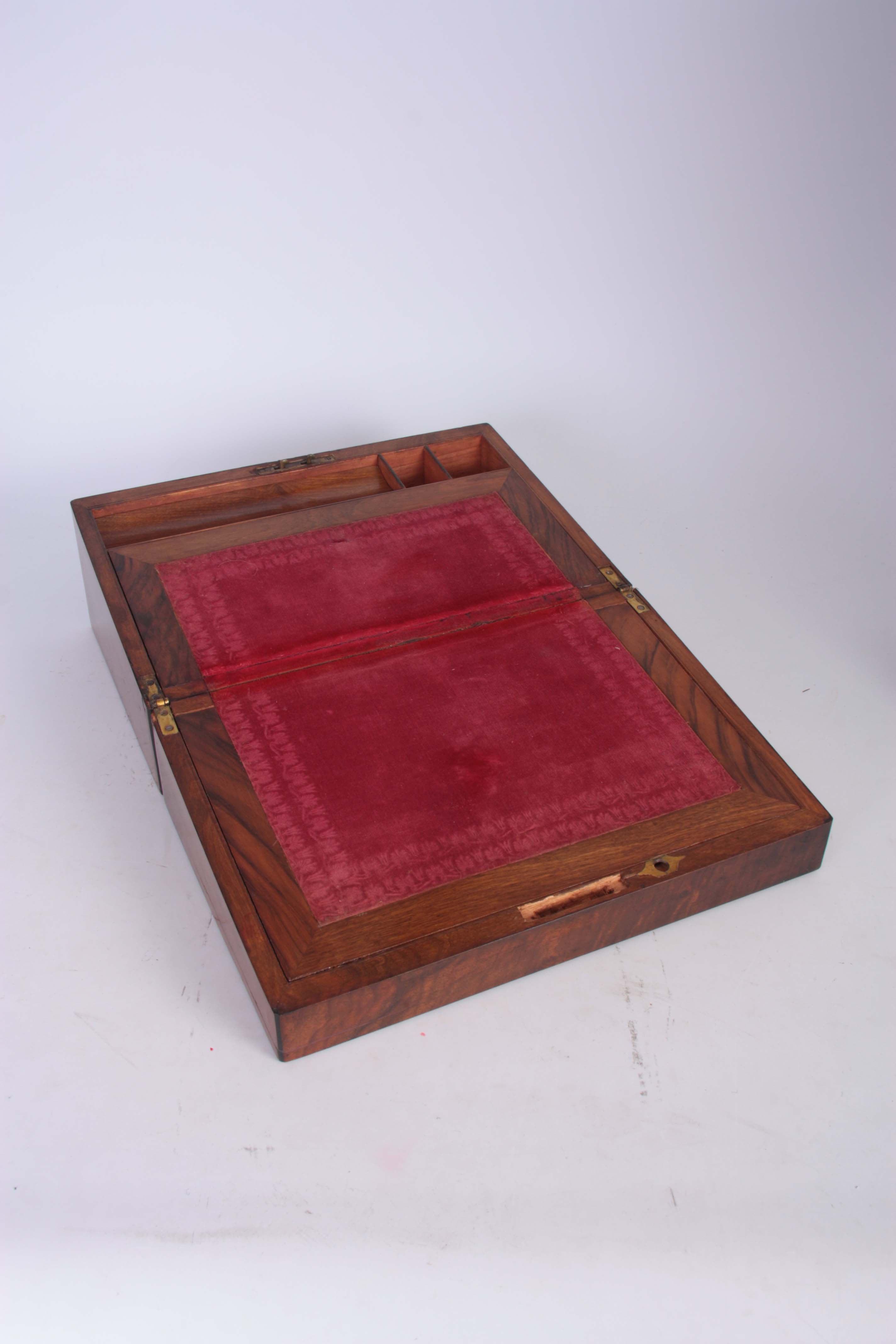 A 19TH CENTURY FIGURED WALNUT WRITING SLOPE with hinged angled fall, fitted ink well and pen - Image 2 of 4