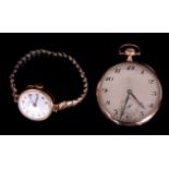 TAVANNES WATCH CO. AN ART DECO 9CT GOLD OPEN FACED POCKET WATCH having a silvered dial with Arabic