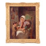 A 19TH CENTURY OIL ON WOOD PANEL. Young boy reading to his grandmother 49cm high, 39cm wide, gallery