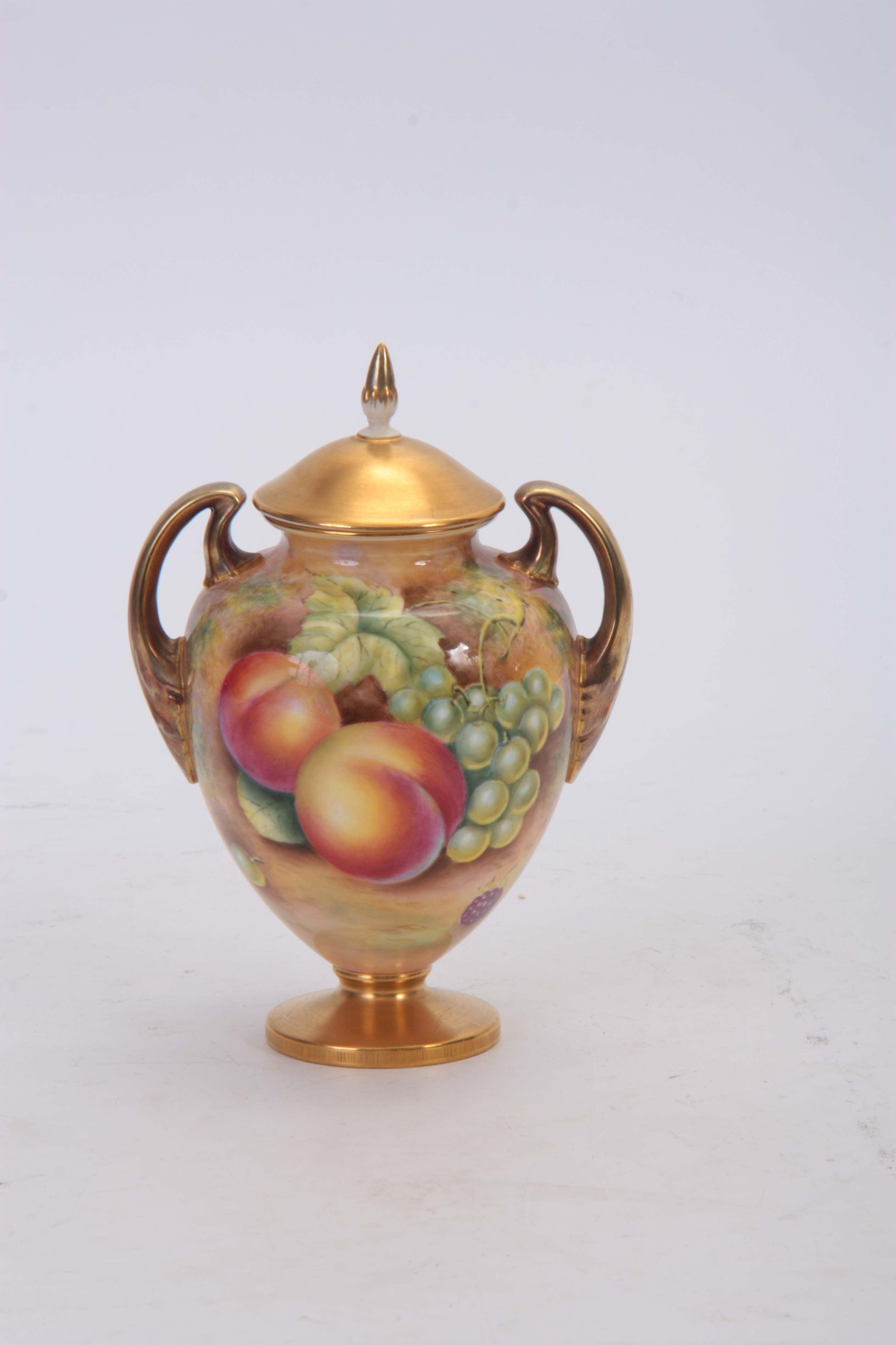 LEAMAN. A ROYAL WORCESTER GILT TWO-HANDLED PEDESTAL VASE AND COVER the ovoid body painted all - Image 3 of 4