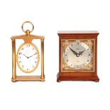 TWO 20TH CENTURY MANTEL CLOCKS the square mahogany cased clock by Elliott London having an eight-day