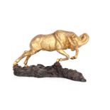 AFTER MENE. A 20TH CENTURY GILT BRONZE RAM mounted on a naturalistic base 14cm wide.