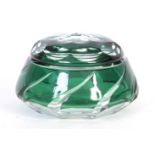 A VAL ST. LAMBERT GREEN OVERLAY CUT GLASS POWDER BOWL AND COVER 7.5cm high 11cm diameter signed to