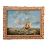H. GRAHAM. OIL ON WOOD PANEL. Coastal scene with fishing boats 30cm high, 40cm wide - signed and