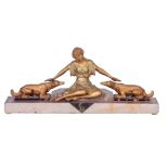 A 20TH CENTURY ART DECO GILT BRONZED METAL FIGURAL SCULPTURE depicting a seated lady between two