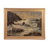 R. GLASCHKE A LARGE 19TH CENTURY OIL ON CANVAS. Stormy coastal scene 76cm high, 105.5cm wide -