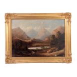 A LARGE 19TH CENTURY OIL ON CANVAS. Mountainous landscape with figures and donkey to the