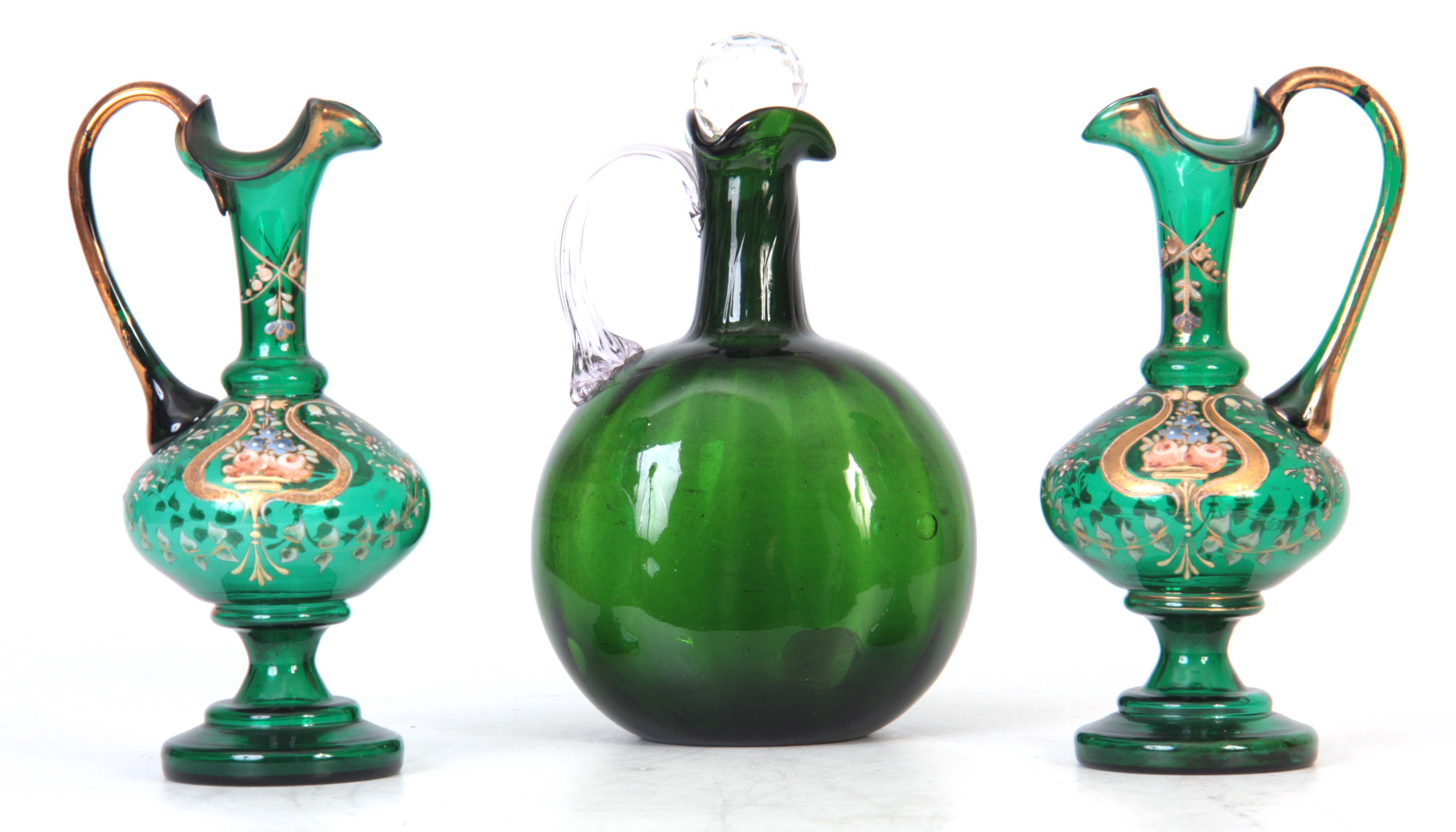 A 19TH CENTURY BRISTOL GREEN SPIRIT FLASK the flattened circular body with clear ribbed celery-