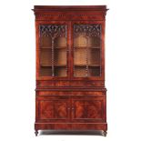 A 19TH CENTURY FRENCH BIEDERMEIER STYLE BOOKCASE with moulded cornice above gothic style glazed