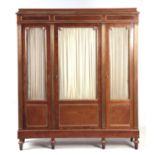 A 19TH CENTURY FRENCH MAHOGANY SIDE CABINET with moulded panelled cornice above three-pin hinged