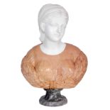 A 20TH CENTURY MARBLE BUST depicting a young lady with White marble head Siena marble body on an