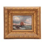 A 19TH CENTURY OIL ON WOOD PANEL. Coastal seascape with fishing boats 12.5cm high, 16cm wide -