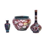 A LARGE MEIJI PERIOD ORIENTAL CLOISONNE JARDINIERE of shouldered form with extensive flower spray