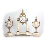 A LATE 19TH CENTURY FRENCH MARBLE AND ORMOLU CLOCK GARNITURE the case with four turned columns