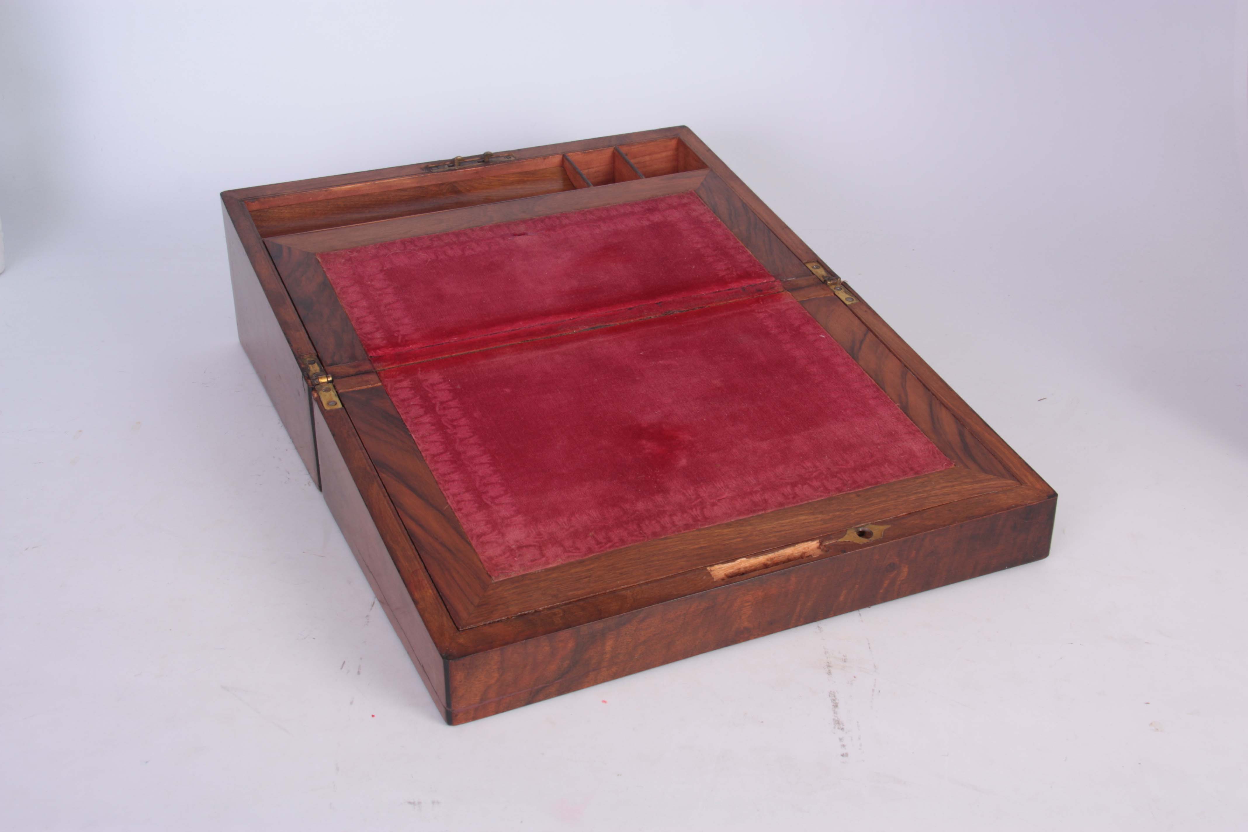 A 19TH CENTURY FIGURED WALNUT WRITING SLOPE with hinged angled fall, fitted ink well and pen - Image 3 of 4