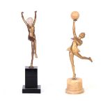 TWO 20TH CENTURY ART DECO STYLE GILT BRONZE FIGURE GROUPS, ONE HOLDING AN ONYX BALL and mounted on a