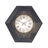 A 19TH CENTURY FRENCH EBONISED AND BOULE WORK VINYARD WALL CLOCK the elongated hexagonal glazed case