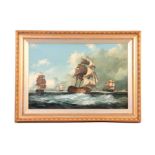 19TH CENTURY OIL ON CANVAS. A maritime seascape with British gunships 50cm high, 75.5cm wide -