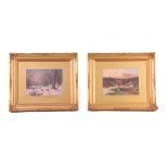 F. LUMB PAIR OF WATERCOLOURS. Highland cattle and shepherd with sheep in a snow-covered forest