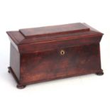 A 19TH CENTURY FLAME MAHOGANY SARCOPHAGUS SHAPED TEA CADDY with hinged lid revealing a fitted