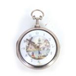 GEORGE GRAHAM, LONDON. AN 18TH CENTURY SILVER PAIR CASE AUTOMATION POCKET WATCH having an enamel