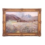 DAVID DIXON 20TH CENTURY OIL ON CANVAS. Landscape with lady picking flowers 48.5cm high, 74cm wide -