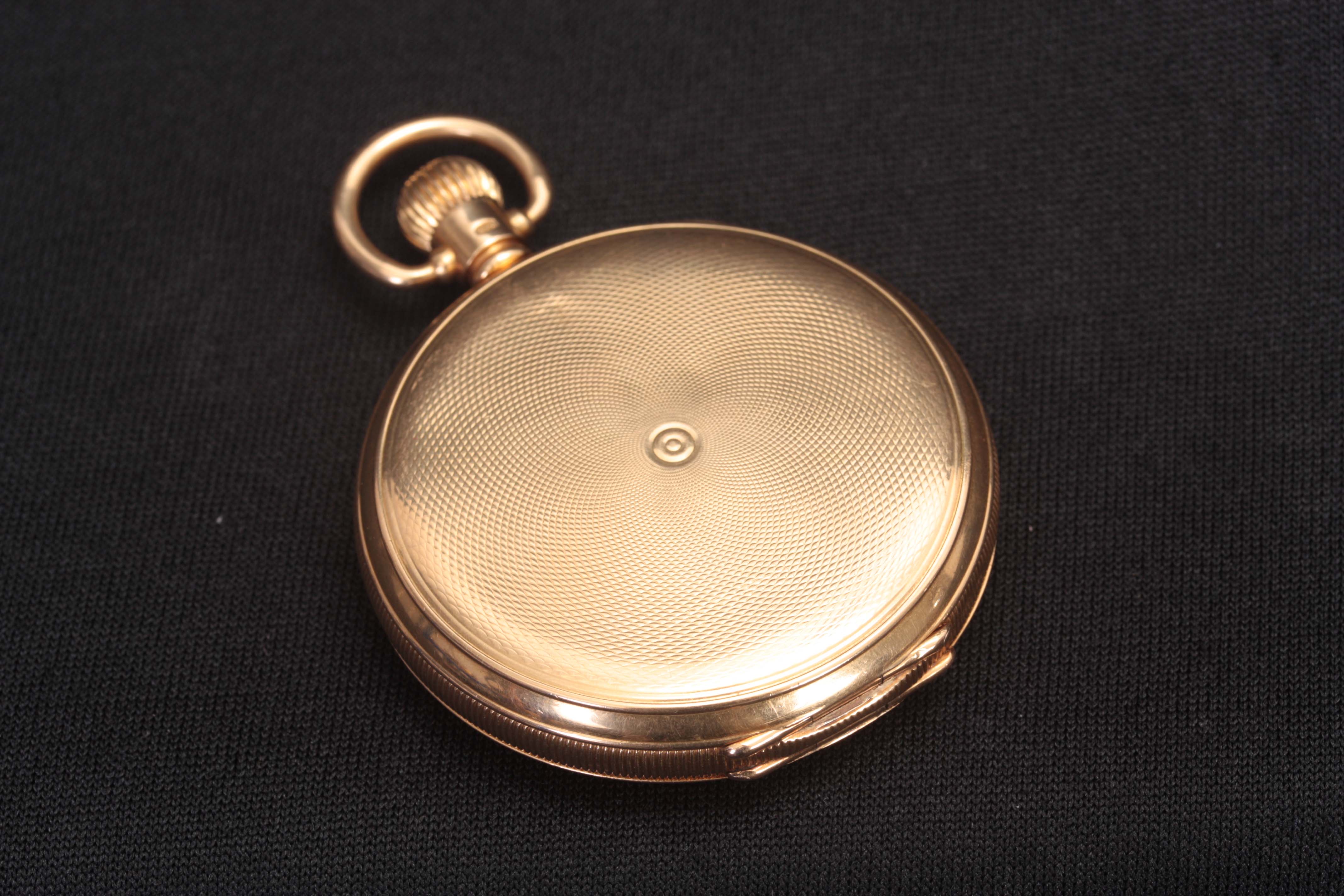 WALTHAM. AN EARLY 20TH CENTURY 18CT GOLD FULL HUNTER POCKET WATCH the engine turned case opening - Image 12 of 14