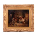 A 19TH CENTURY OIL ON CANVAS. An interior scene with family and musicians 46cm high, 56cm wide -