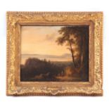 WILLIAM SHAYER SENIOR 1787-1879 OIL ON WOOD PANEL. A coastal landscape 22cm high, 27cm wide - signed