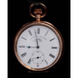 TWO EARLY 20TH CENTURY WALTHAM GOLD PLATED OPEN FACED POCKET WATCHES the larger with engraved case