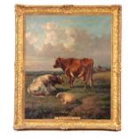 THOMAS SIDNEY COOPER 1803-1902 OIL ON CANVAS. Cattle and sheep resting in a meadow 59.5cm high, 49cm