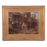 R. HUCHES EARLY 20TH CENTURY OIL ON CANVAS. Tavern scene with soldiers on horseback 44cm high,