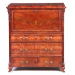 A 19TH CENTURY FRENCH BIEDERMEIER STYLE FLAME MAHOGANY ESCRITOIRE with moulded edge top above a