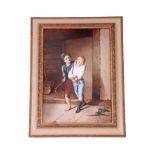 A 19TH CENTURY CONTINENTAL PORCELAIN PLAQUE depicting two boys at play in a barn setting 33.5cm high