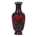 AN UNUSUAL ORIENTAL BLACK AND RED LACQUERWORK OVER BLUE ENAMEL CABINET VASE finely worked with