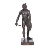 AFTER J. BOLOGNE. A 20TH CENTURY BRONZE FIGURE OF MARS standing on a square plinth base with clipped