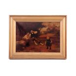 A 19TH CENTURY CRYSTOLEUM depicting children playing - mounted in a gilt moulded frame 27cm high