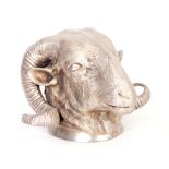 A SILVERED CAST NICKEL WALL MOUNTED RAMS HEAD 19cm high