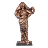 A REPRODUCTION GILT METAL FIGURAL SCULPTURE depicting a nude lady wrapped in a hooded dress 70cm