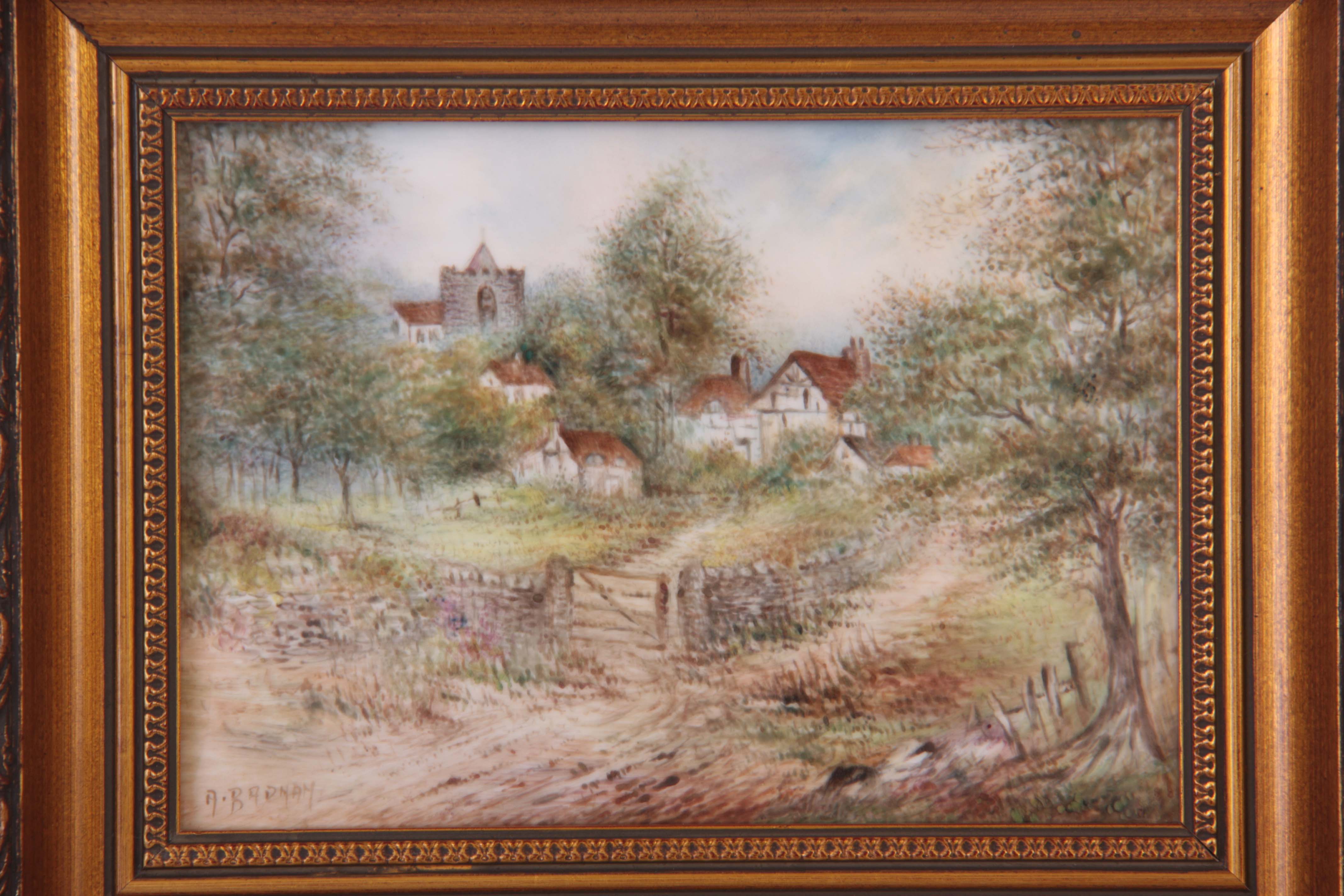 ARTHUR BADNAM A ROYAL WORCESTER HAND PAINTED PORCELAIN PLAQUE Rural scene with cottages and church - Image 2 of 9