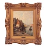 K. VAN HOOM 19TH CENTURY OIL View of a Dutch harbour 48cm high, 38cm wide - signed and mounted, in