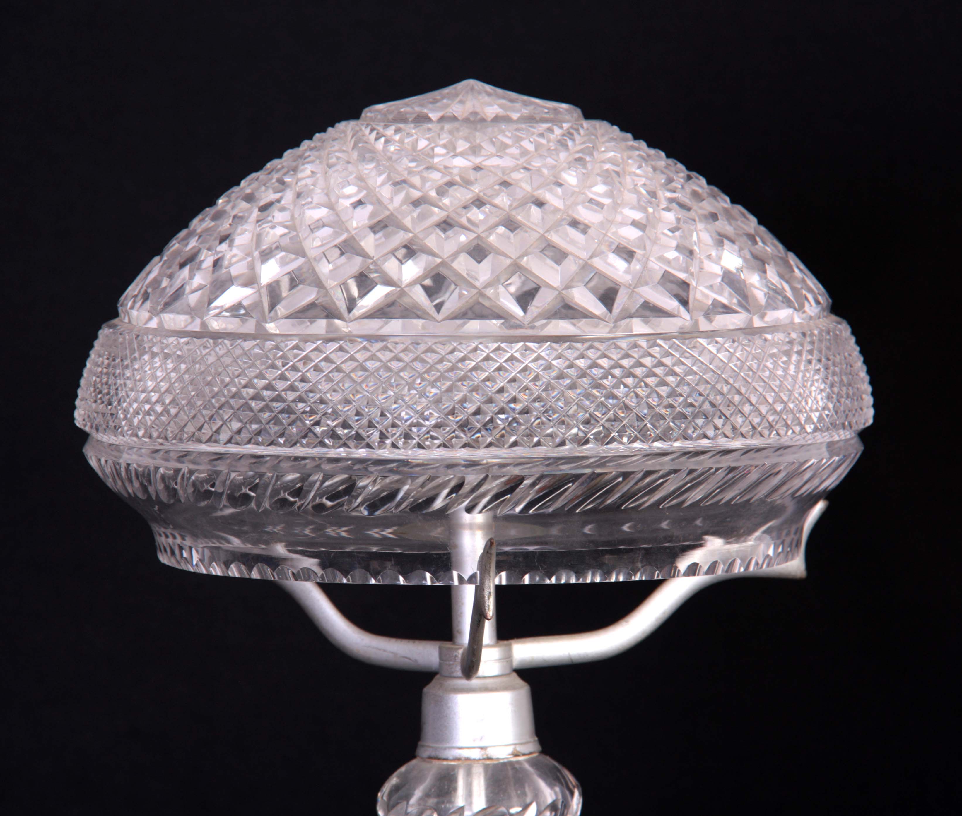 A 20THCENTURY ELECTRIFIED CRYSTAL CUT GLASS TABLE LAMP with pedestal stem and mushroom shade 43cm - Image 2 of 7