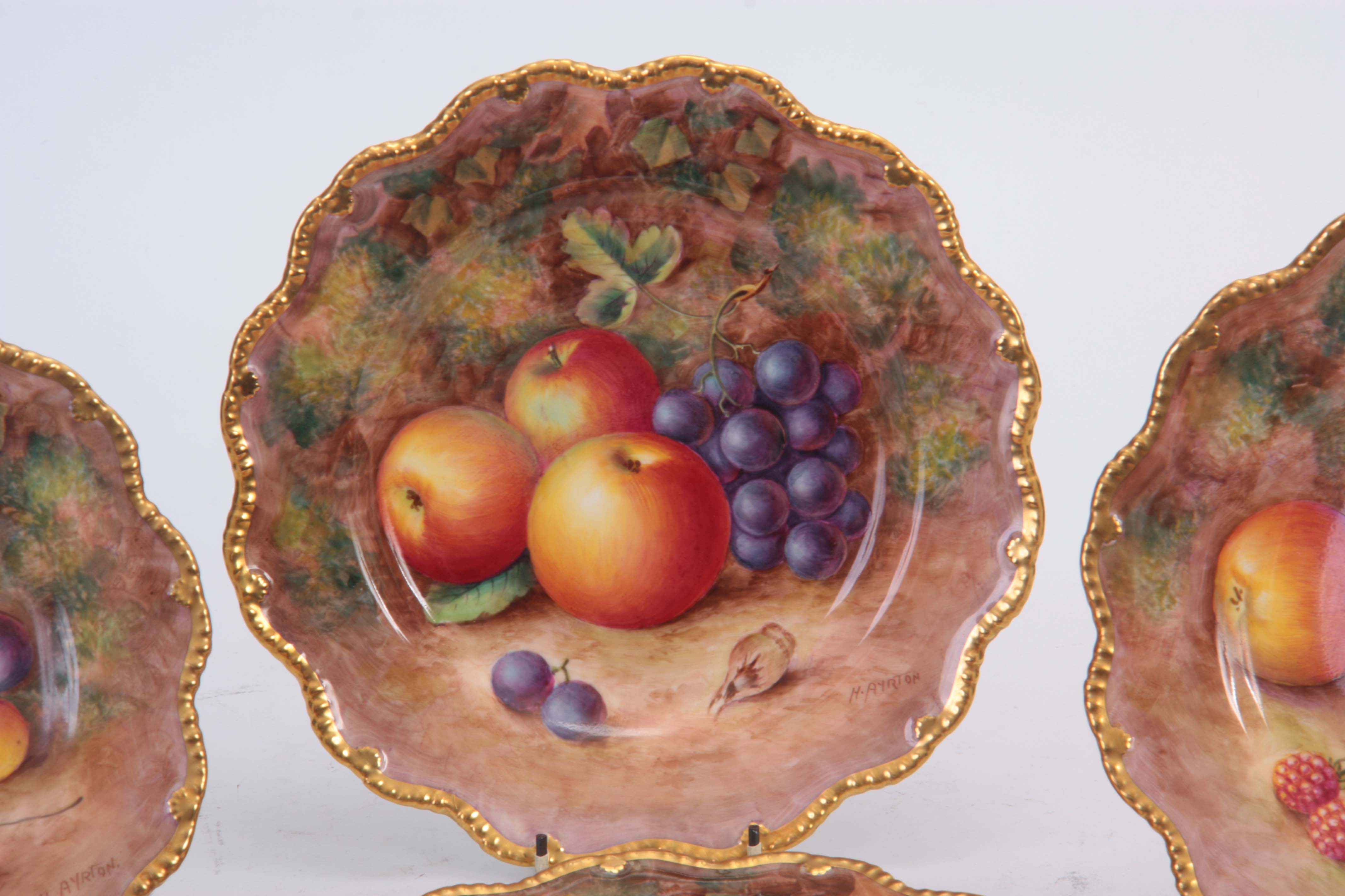 H. AYRTON/FREEMAN. A FINE SET OF SIX ROYAL WORCESTER BLACK MARK FRUIT CABINET PLATES each with - Image 2 of 5