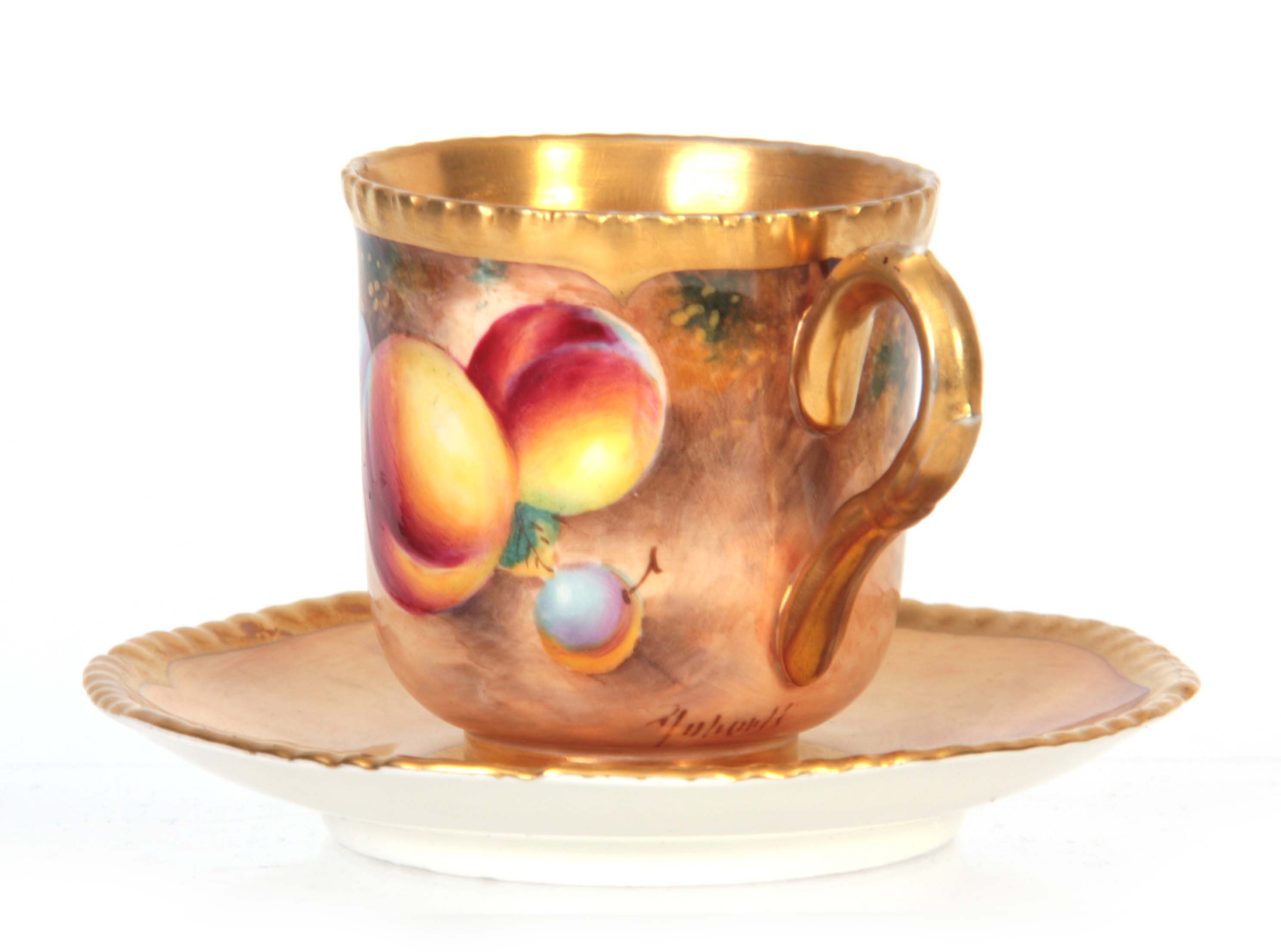 ROBERTS A ROYAL WORCESTER BLACK MARK CABINET CUP AND SAUCER richly gilt and painted with designs