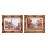 KEN CHERRINGTON 20TH CENTURY. A PAIR OF WATERCOLOURS. Both vintage street scenes, 34cm high, 45cm