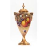 HARRY AYRTON. A ROYAL WORCESTER SLENDER OVOID TWO-HANDLED PEDESTAL VASE AND COVER EMBELLISHED WITH