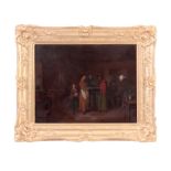 A 19TH CENTURY OIL ON WOOD PANEL. Interior scene 34cm high, 44cm wide - unsigned, in gilt swept