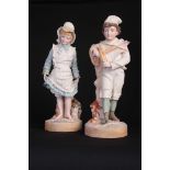 A PAIR OF LATE 19TH CENTURY LARGE STANDING BISQUE FIGURES modelled as a girl and boy carrying a pond